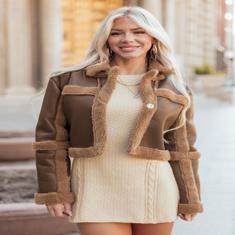 Walnut Faux Leather Contrast Sherpa Cropped Jacket