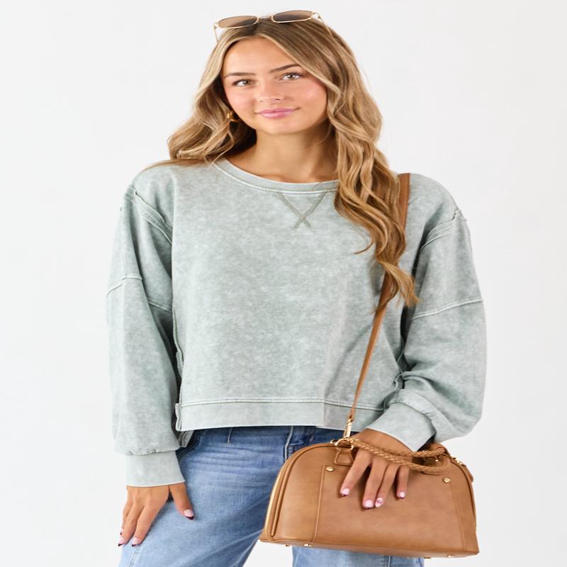 Washed Juniper Exposed Seam Long Sleeve Knit Top