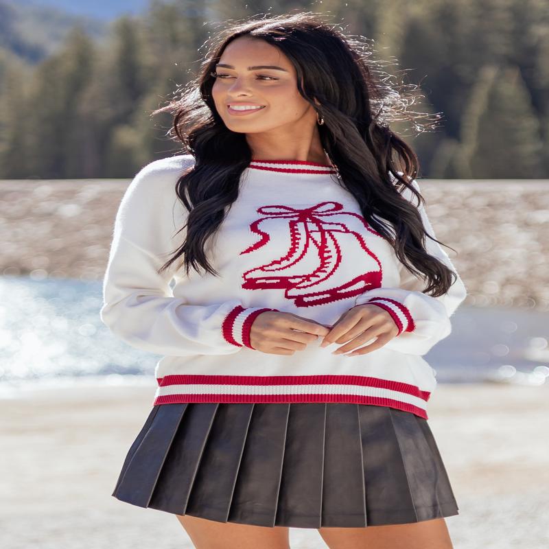 White Ice Skate Holiday Graphic Knit Sweater