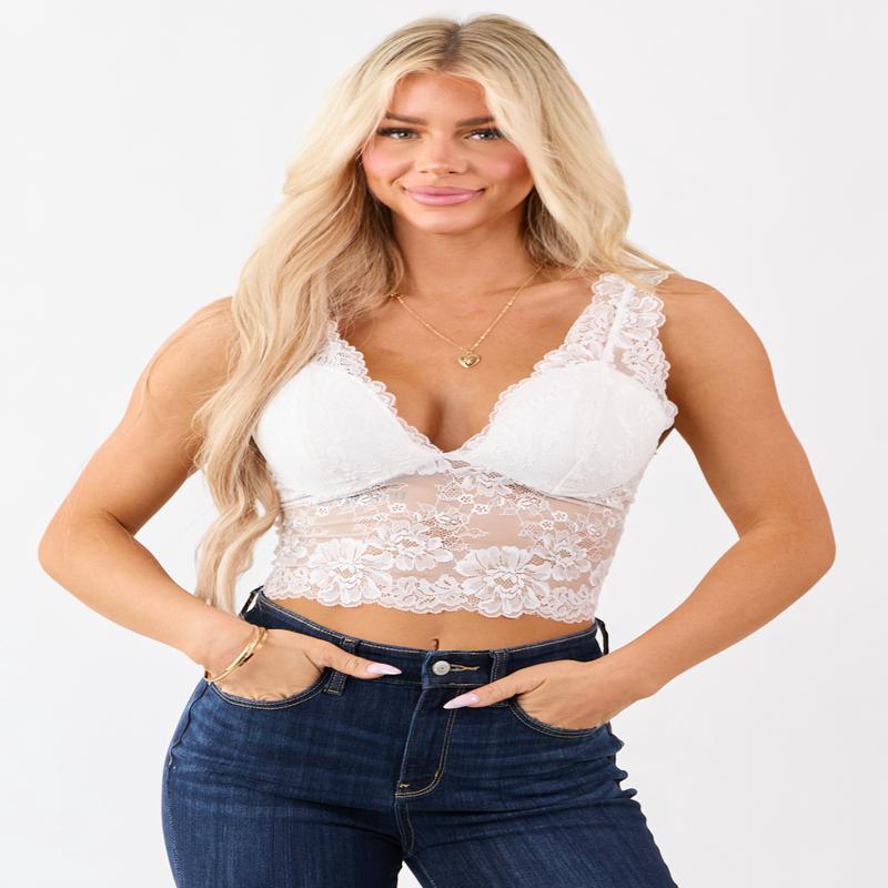White Sheer Lace Wide Strap V-Neck Bralette