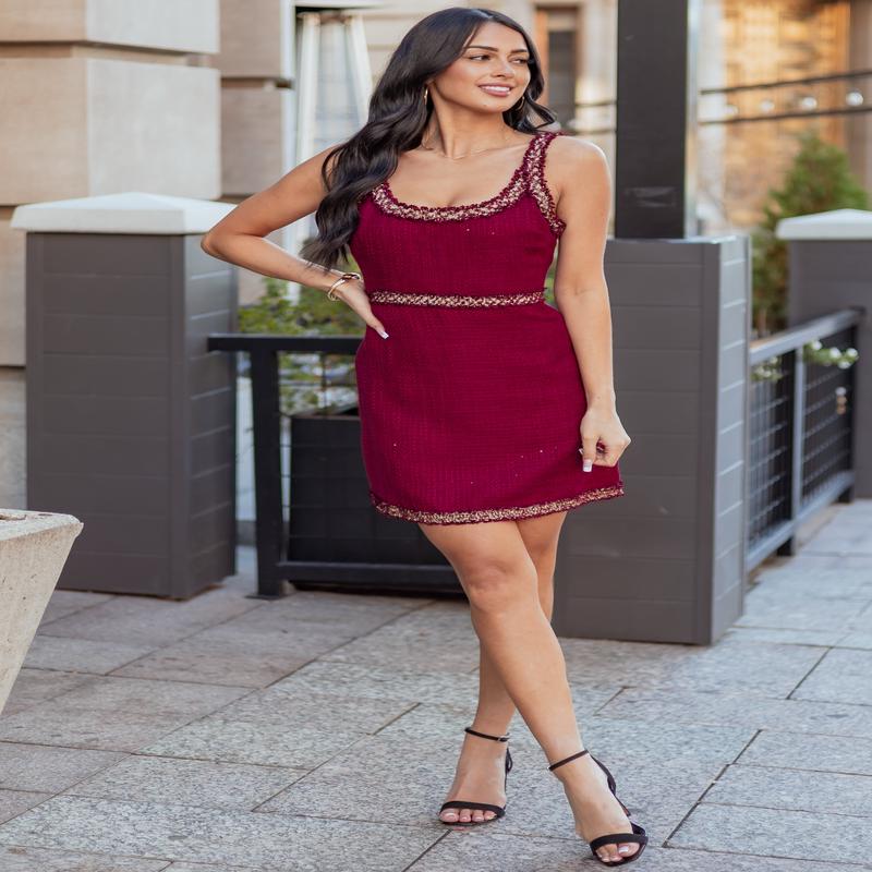 Wine Contrast Trim Tweed Sleeveless Mini Dress