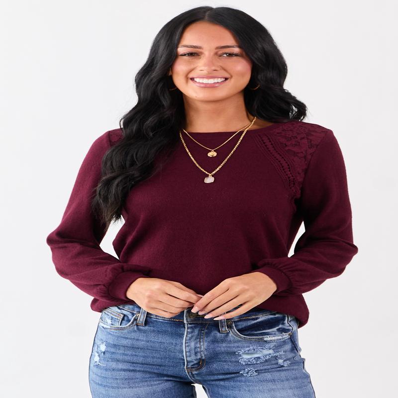 Wine Floral Lace Detailed Sweater