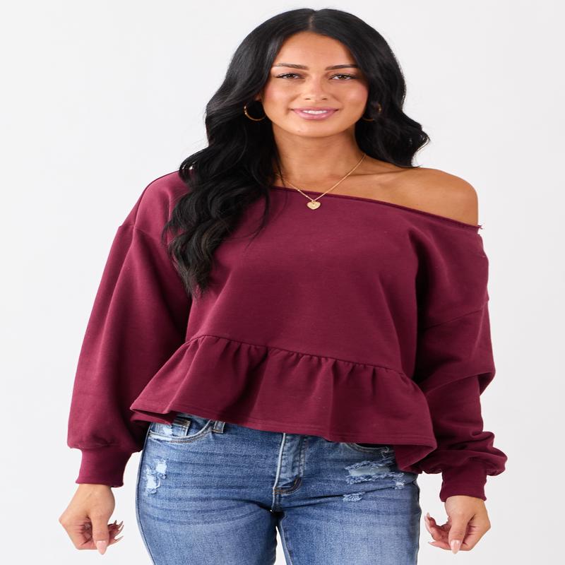 Wine One Shoulder Peplum Relaxed Sweatshirt Top