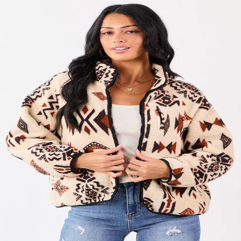 Almond Aztec Pattern Zip Up Sherpa Jacket