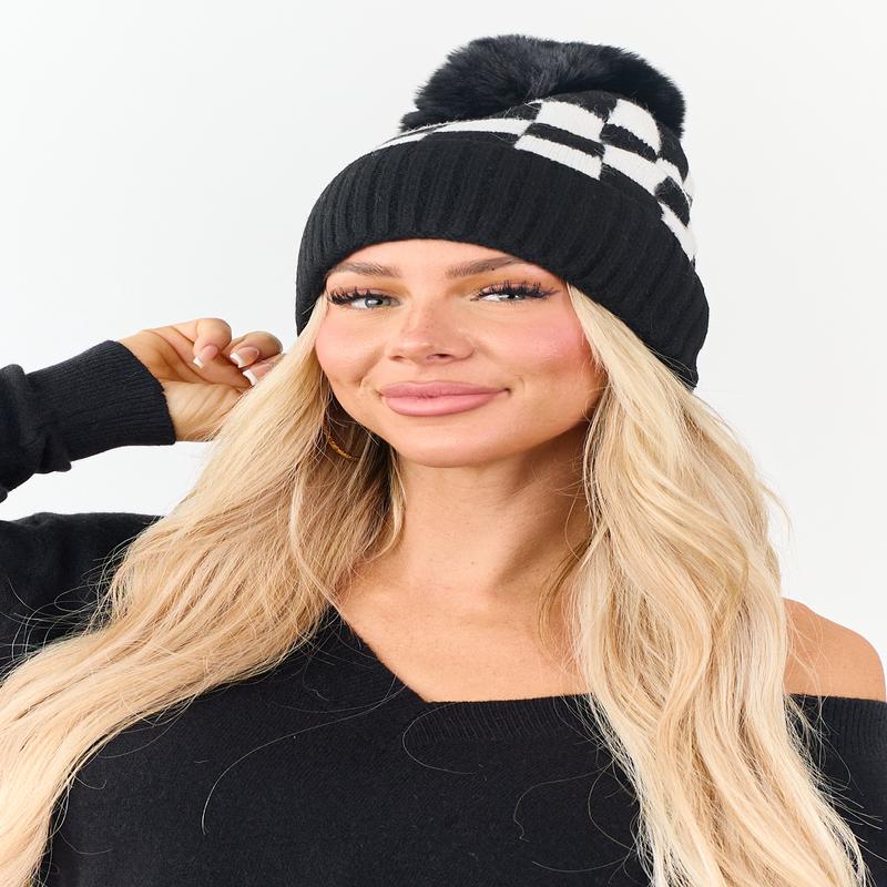 Black and Ivory Checkered Pom Pom Beanie