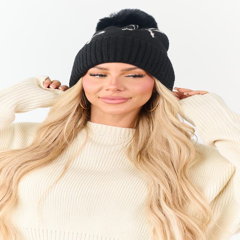 Black Bow Print Pom Pom Knit Beanie