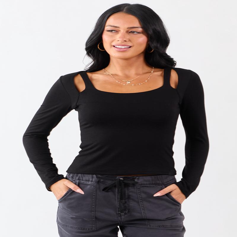 Black Cold Shoulder Long Sleeve Scoop Neck Top