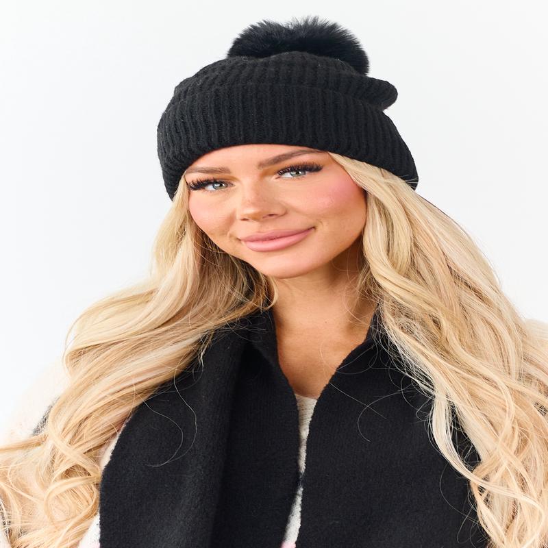 Black Faux Fur Pom Pom Ribbed Knit Beanie