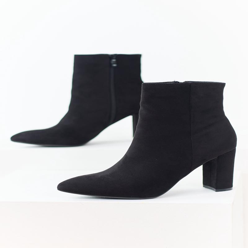Black Faux Suede Pointed Toe Heeled Booties