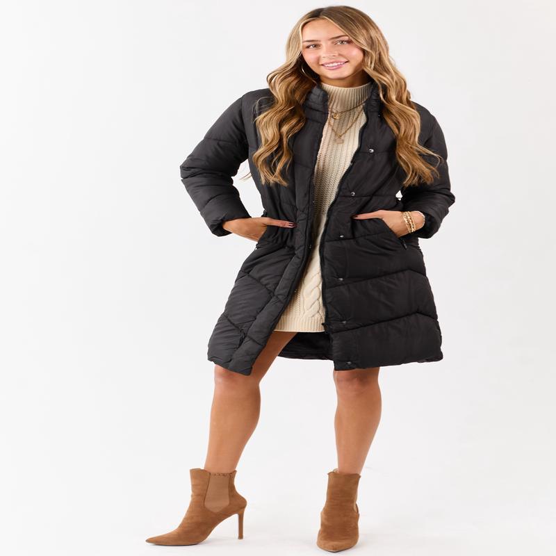 Black Hooded Puffer Duster Coat with Belt