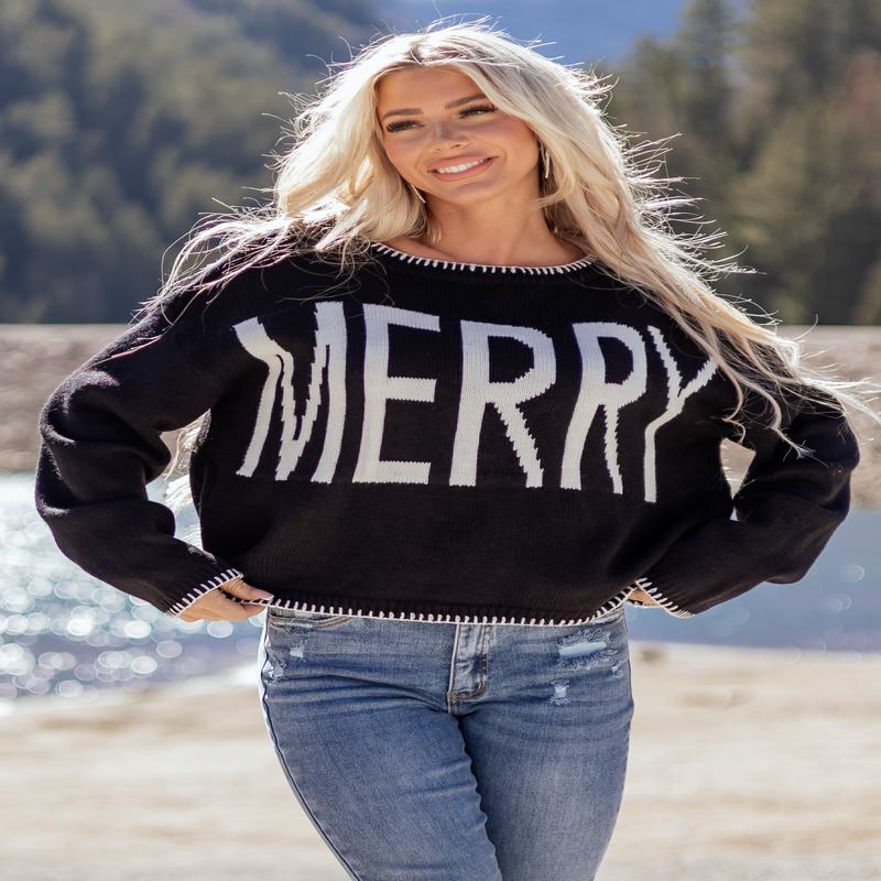 Black 'Merry' Graphic Contrast Stitch Sweater