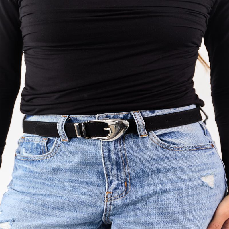 Black Soft Leather Ornate Buckle Belt