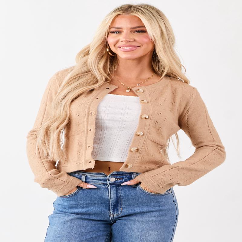 Camel Pointelle Button Down Long Sleeve Cardigan