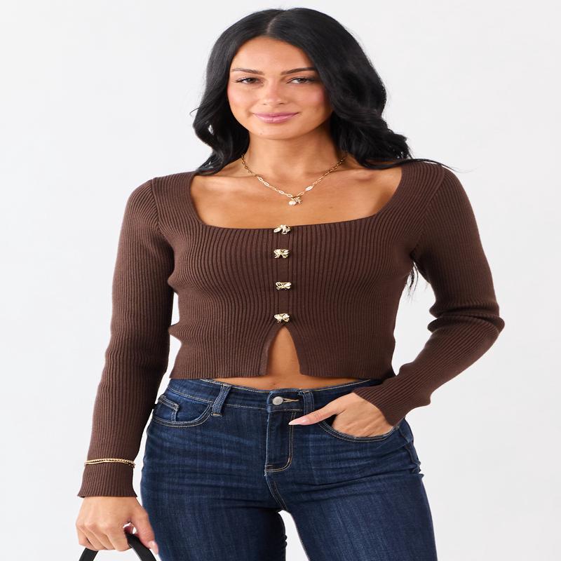 Cocoa Square Neck Faux Button Front Sweater Top