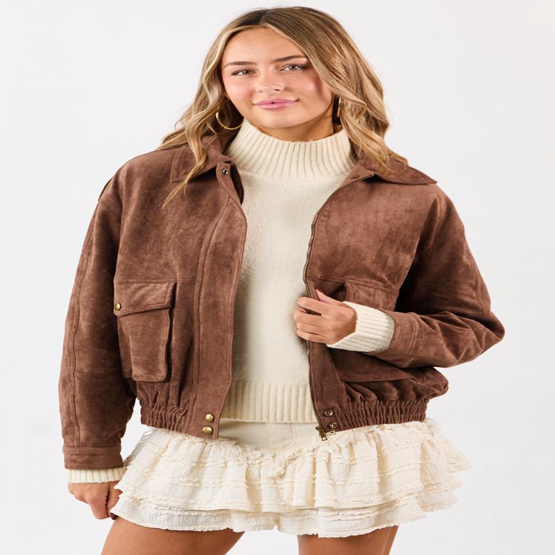 Coffee Faux Suede Bomber Style Zip Up Jacket