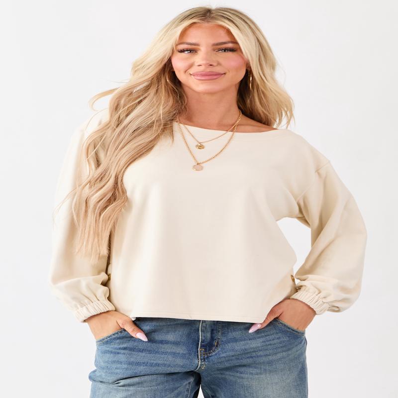Cream Buttoned Side Long Sleeve Soft Knit Top