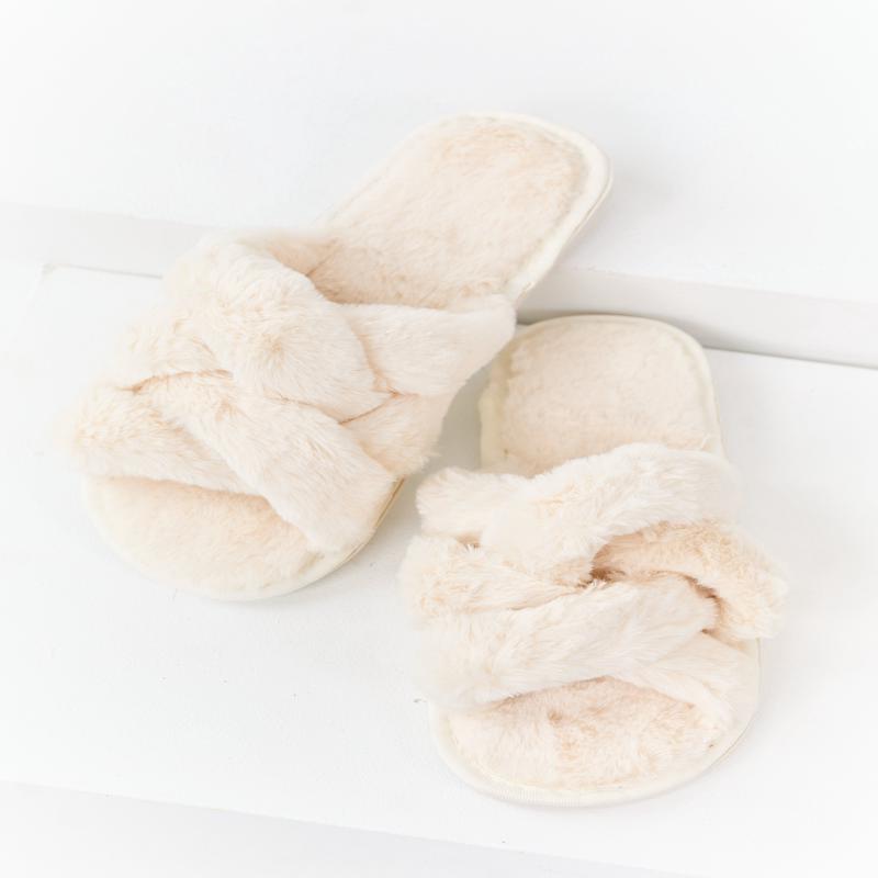 Cream Faux Fur Double Cross Strap Slippers