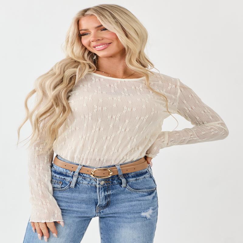 Cream Lace Round Neck Long Sleeve Top