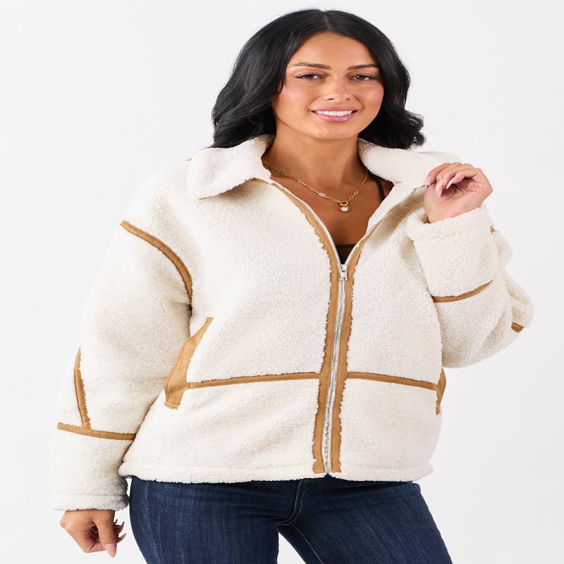 Cream Sherpa Faux Suede Contrast Zip Up Jacket