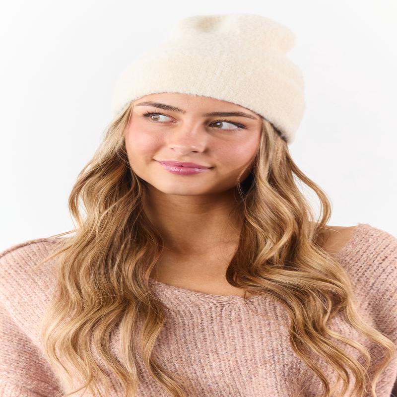 Cream Soft Fuzzy Knit Beanie
