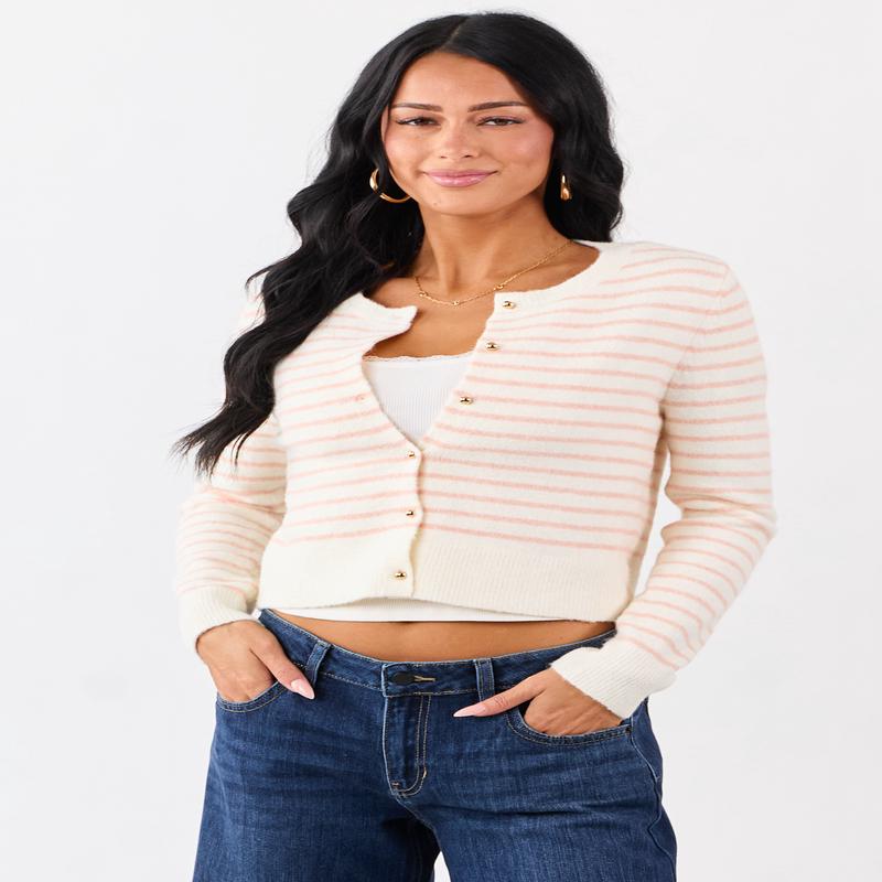 Cream Striped Wool Blend Knit Button Up Cardigan