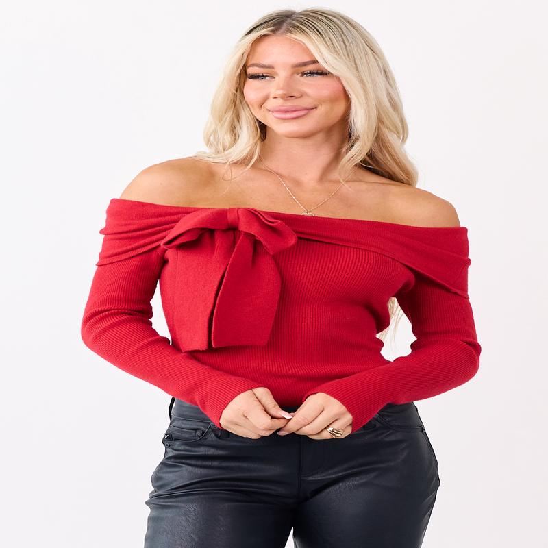 Crimson Off Shoulder Bow Detail Rib Knit Sweater