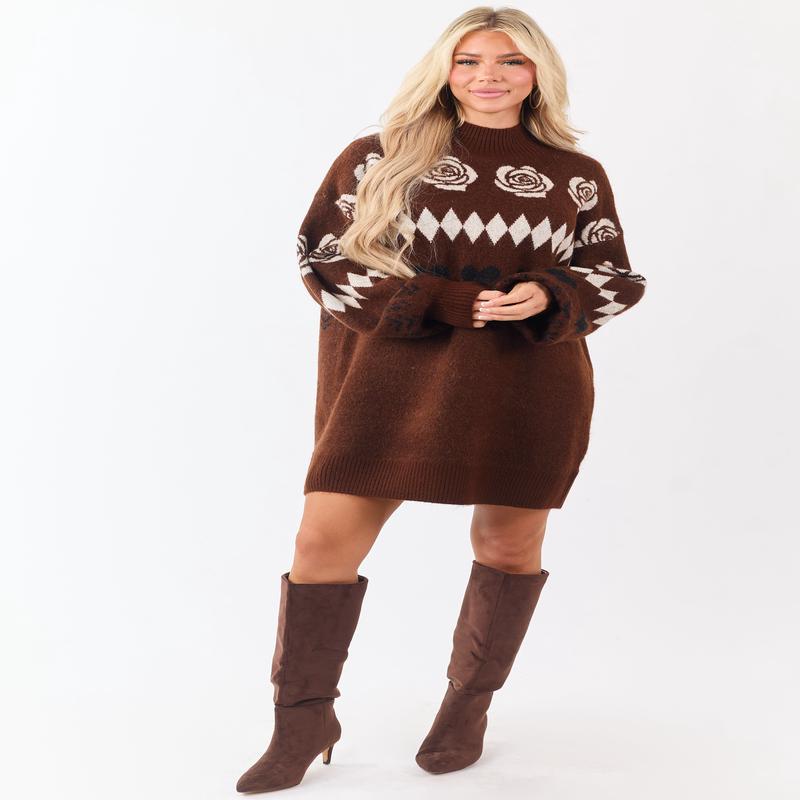 Dark Sepia Multi Print Mock Neck Mini Sweater Dress