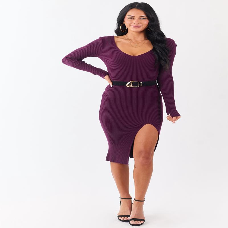 Eggplant Front Slit V Neck Bodycon Midi Dress