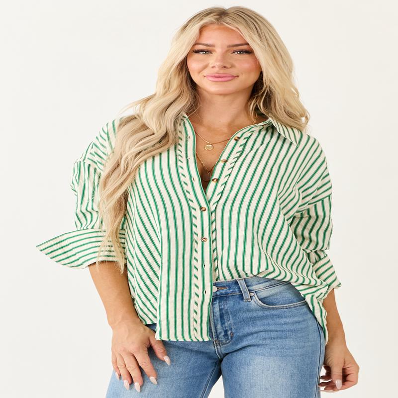 Entro Off White Striped Long Sleeve Button Up Top