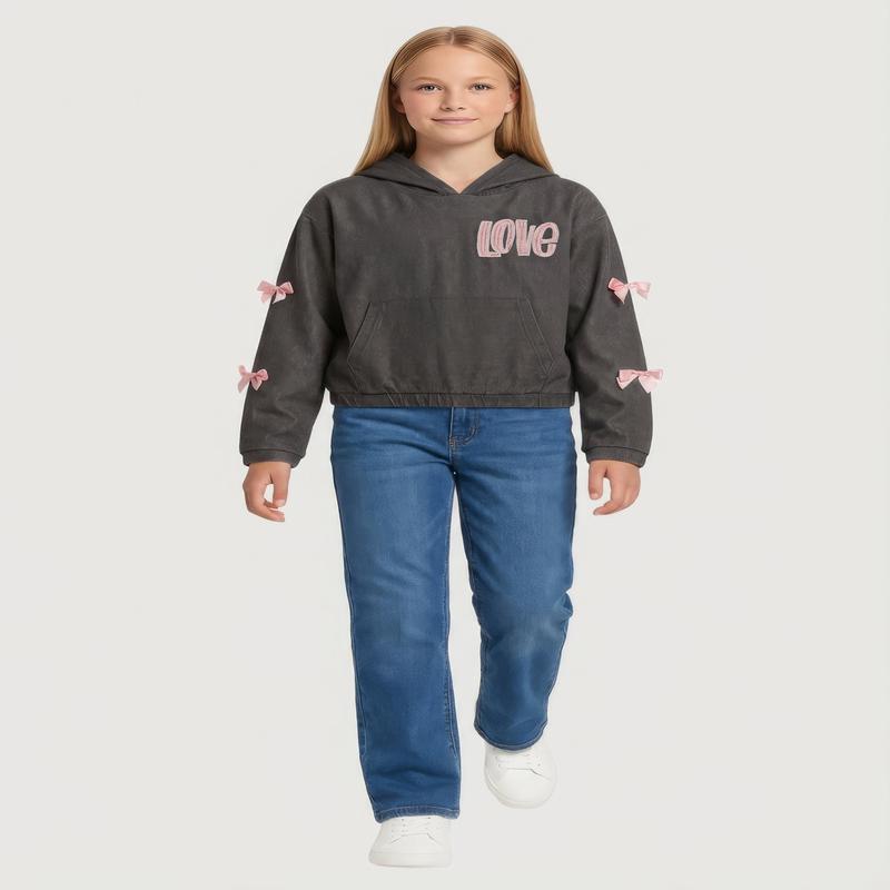Girls Love Embroidered Graphic Bow Detail Pullover Hoodie