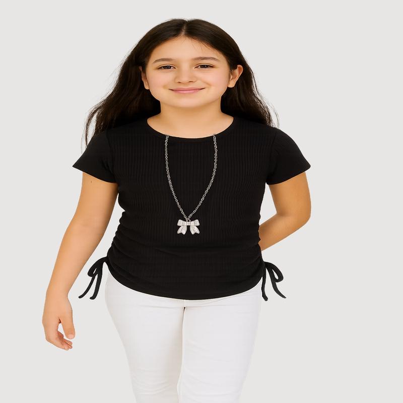 Girls Ribbed Knit Tee with Removable  Rhinestone Bow Necklace