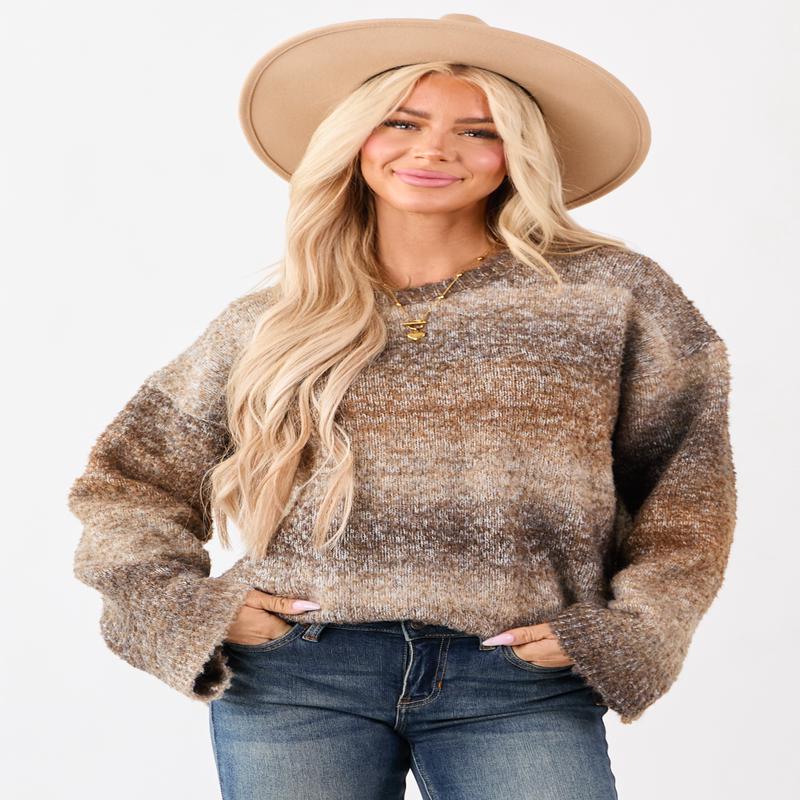 Heathered Cocoa Ombre Wool Blend Fuzzy Sweater