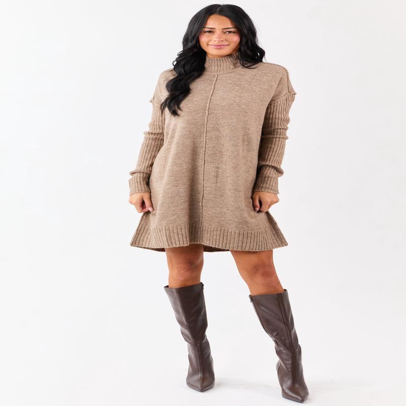 Heathered Coffee Mock Neck Mini Sweater Dress