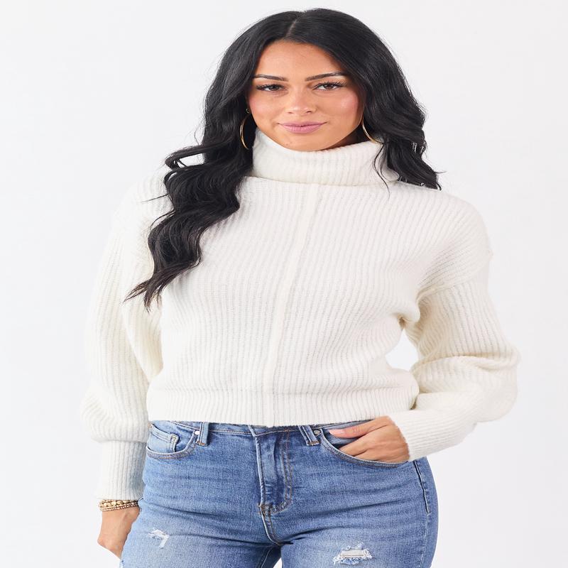 Ivory Turtleneck Bubble Sleeve Rib Knit Sweater