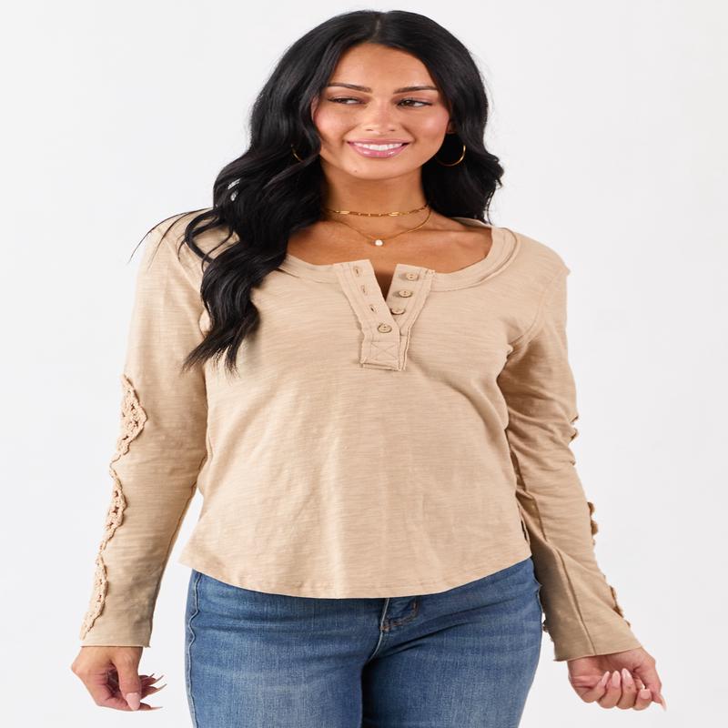 Latte Crochet Lace Sleeve Henley Cotton Top