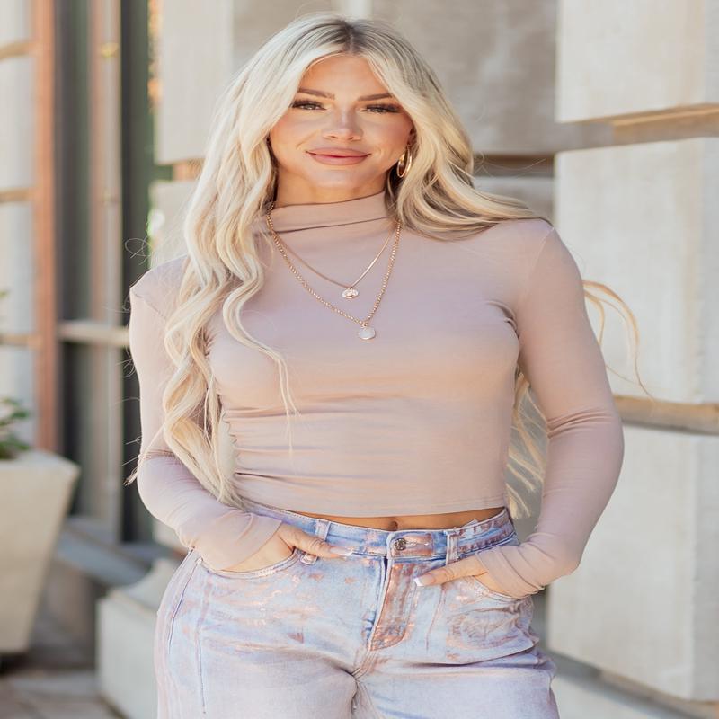 Light Taupe Mock Neck Long Sleeve Fitted Knit Top