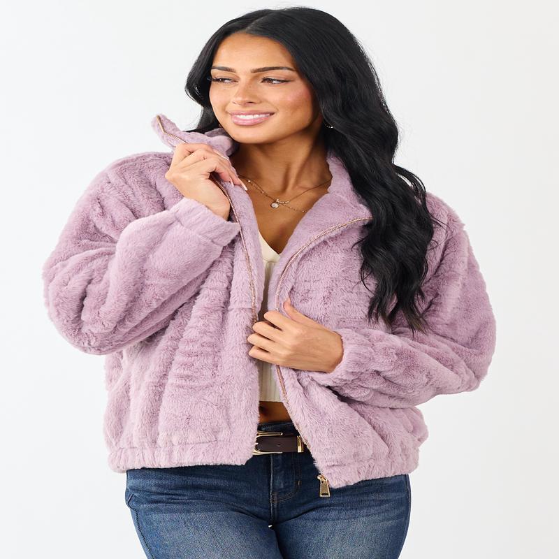 Mauve Faux Fur Zip Up Collared Jacket