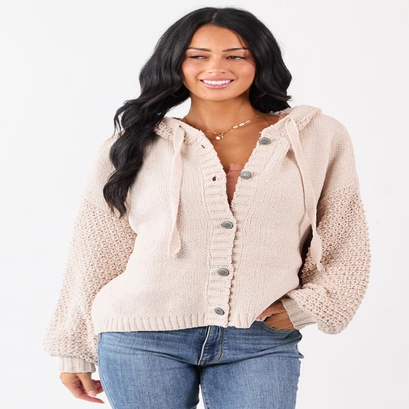 Mello Almond Waffle Knit Hooded Sweater Cardigan
