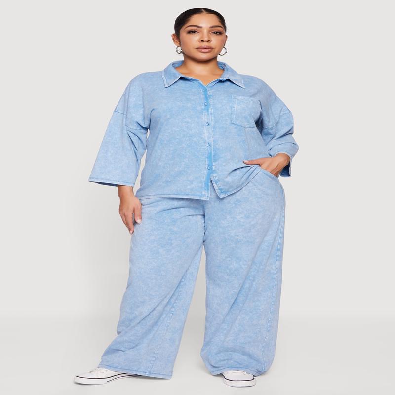 Plus Size High Waisted Acid Wash Wide Leg Pants