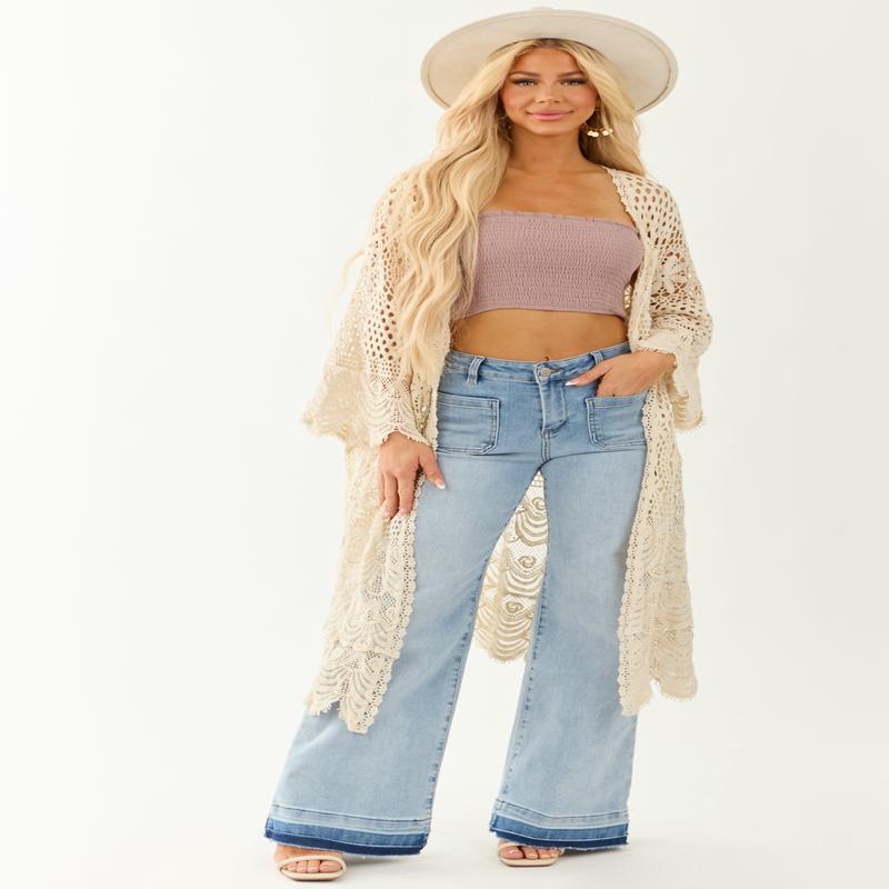 POL Cream Open Crochet Flare Sleeve Duster Cardigan