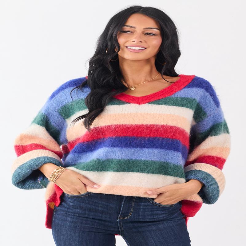 POL Multicolor Striped Long Sleeve V Neck Sweater