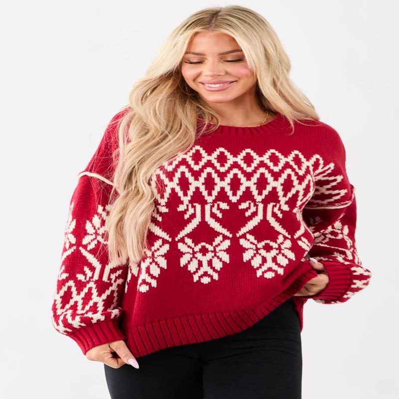 Ruby and Cream Fair Isle Pattern Relaxed Sweater