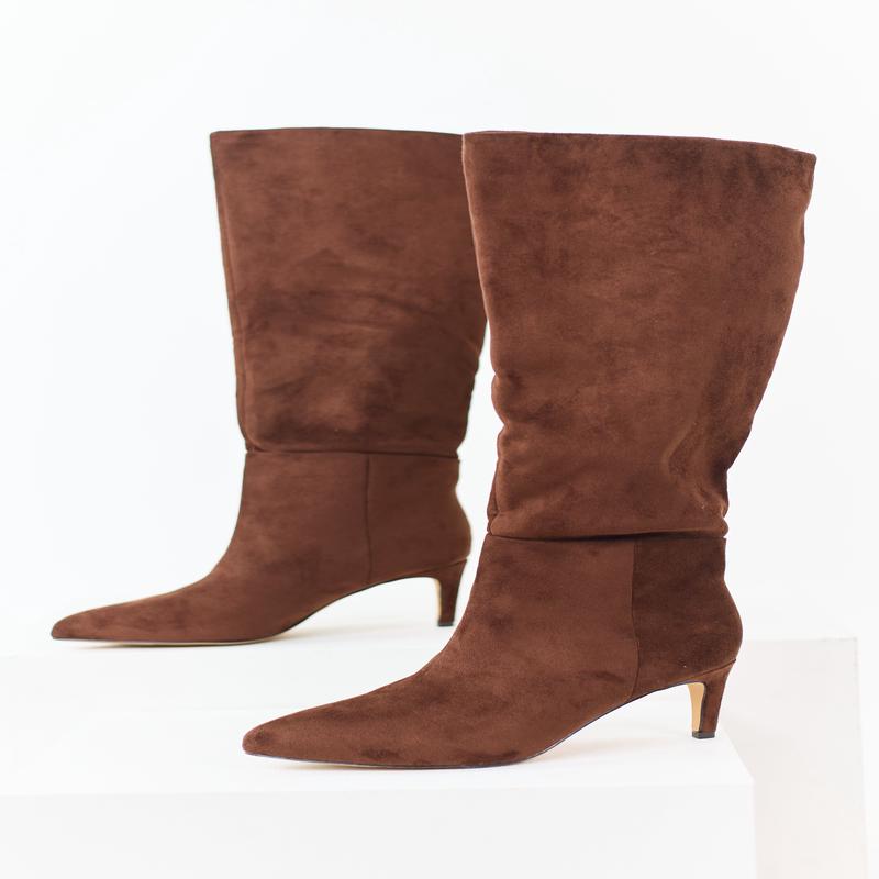 Sepia Faux Suede Pointed Toe Heeled Boots
