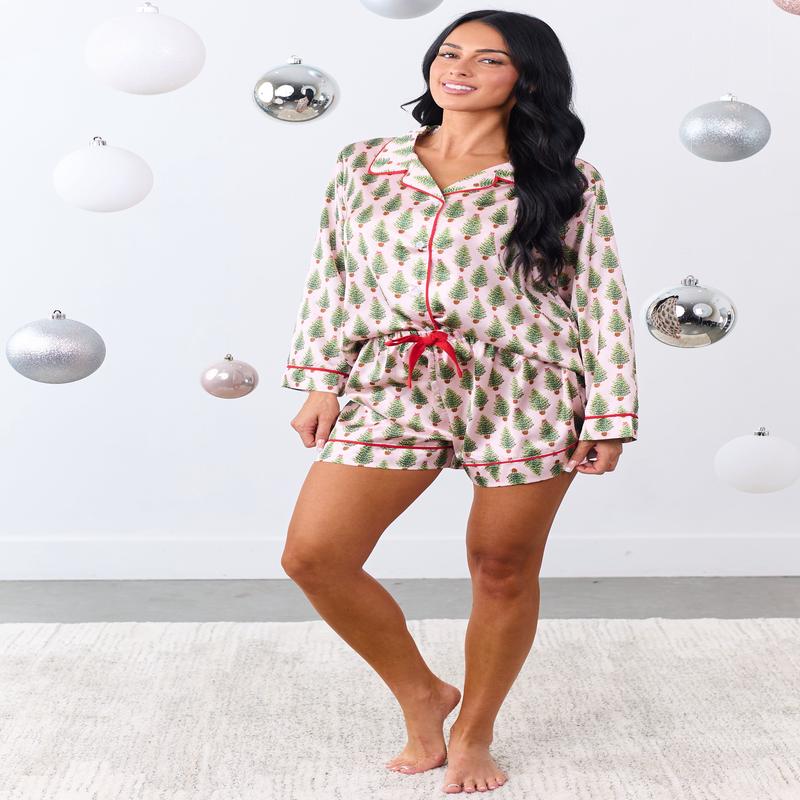 She+Sky Blush Holiday Tree Satin Top and Shorts Set