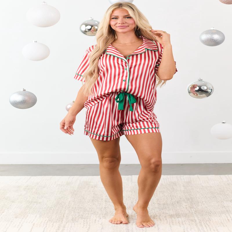 She+Sky Brick Striped Satin Top and Shorts PJ Set