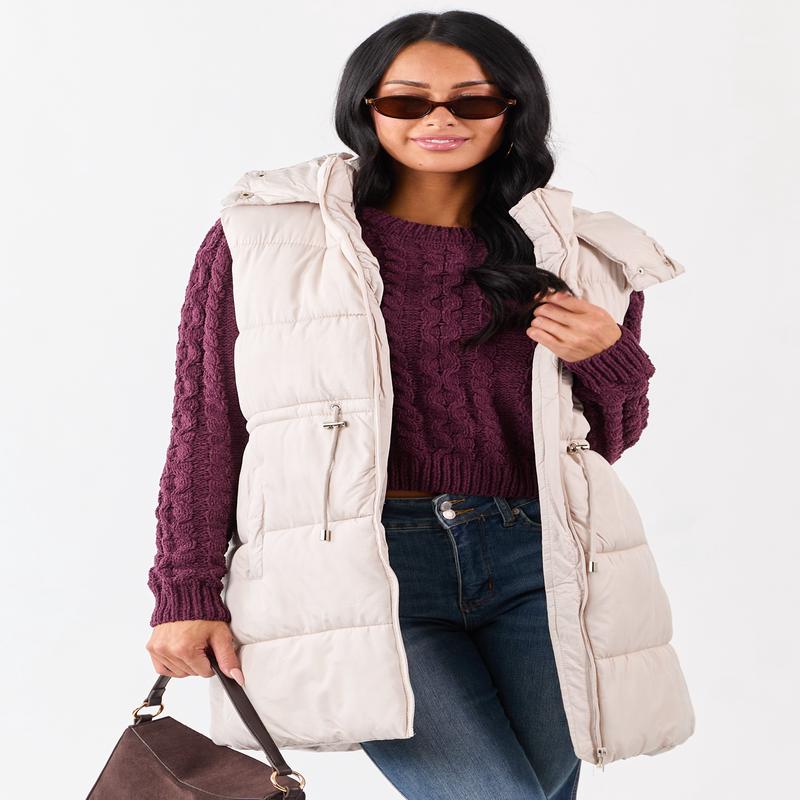 Vanilla Hooded Zip Up Quilted Long Puffer Vest