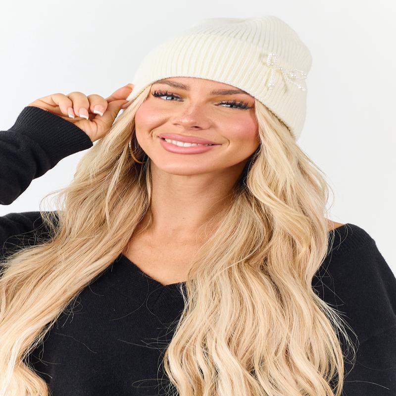 Vanilla Ribbed Knit Pearl Bow Beanie