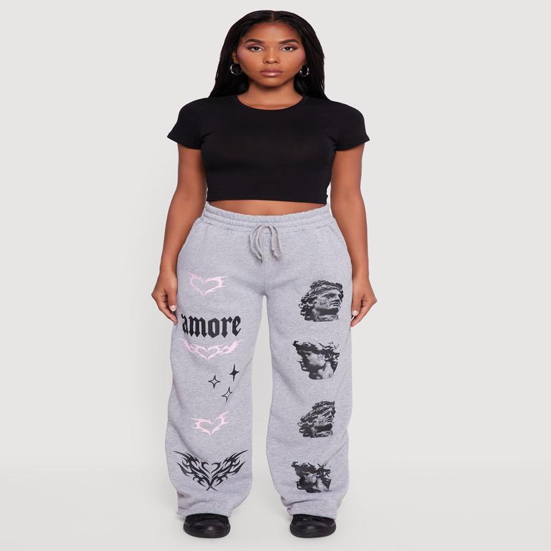 Amore Graphic Drawstring Waist Wide Leg Sweatpants