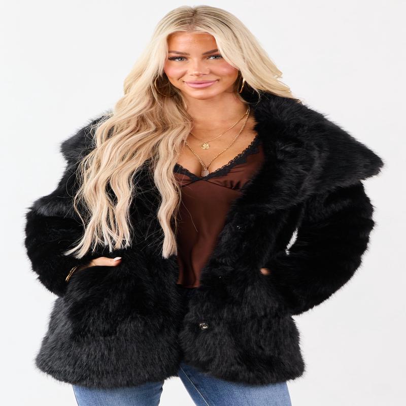 Black Luxe Cloud Faux Fur Collared Coat