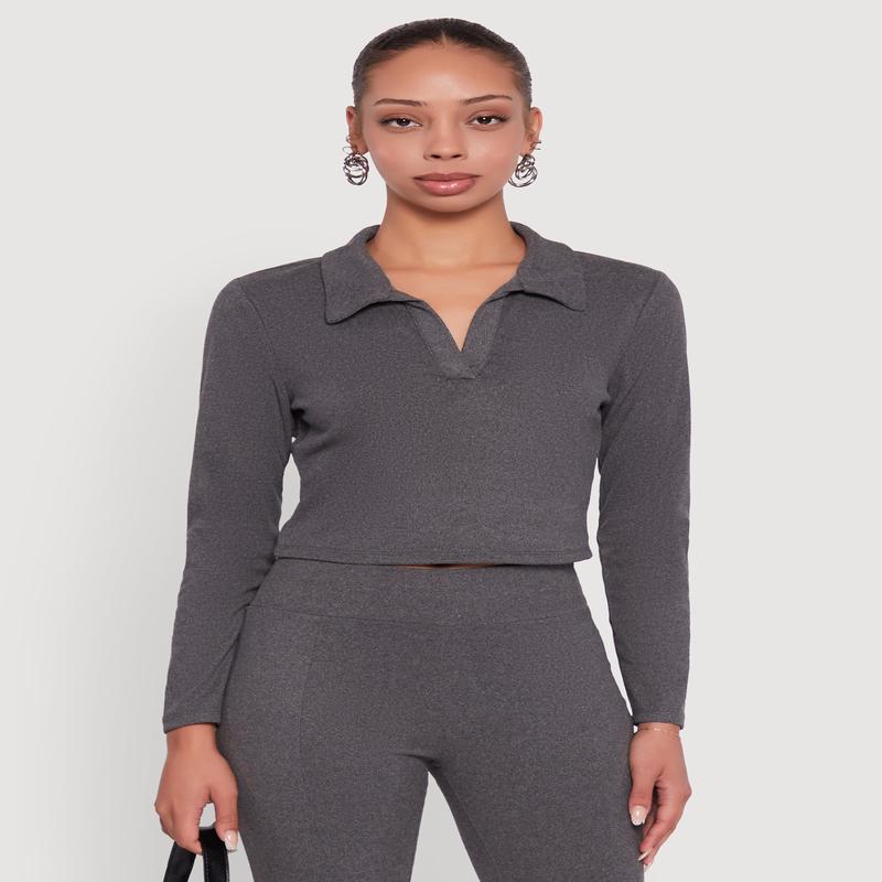 Brushed Knit Cropped Johnny Collar Polo Shirt